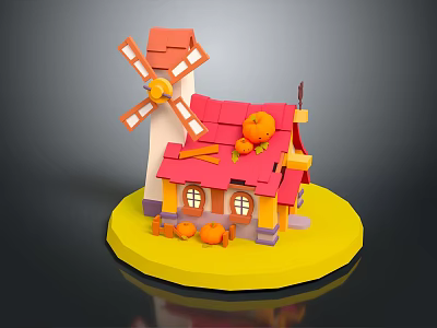 Rustic Country Cottage With Red Roof White Walls And Windmill Decorated With Pumpkins 3d model