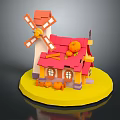 Rustic Country Cottage With Red Roof White Walls And Windmill Decorated With Pumpkins