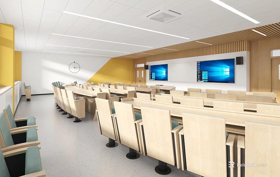 School Classroom with Wooden Wall Panels Digital Screens Neat Desks and Ceiling Lights 3d model 