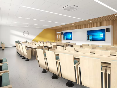 School Classroom with Wooden Wall Panels Digital Screens Neat Desks and Ceiling Lights 3d model
