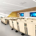 School Classroom with Wooden Wall Panels Digital Screens Neat Desks and Ceiling Lights