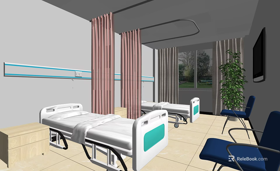 Hospital Ward Interior With Two Beds Bedside Tables And Green Plant 3d model 