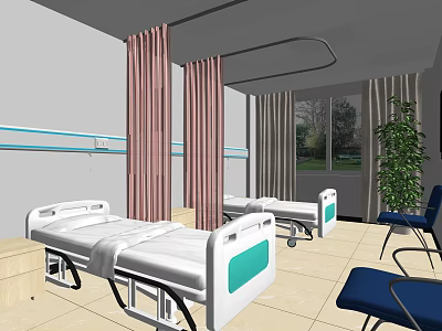 Hospital Ward Interior With Two Beds Bedside Tables And Green Plant 3d model
