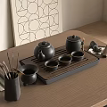 Stylish Black Ceramic Tea Set With Teapot Cups And Tray On Wooden Table