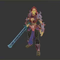 Brave Female Warrior In Blue Brown Armor Holding Long Sword