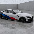 White Sports Car With Blue Red Stripes In Empty Gray Room Reflective Floor