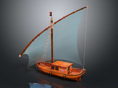 Wooden Sailing Boat With Light Blue Sail Mast And Detailed Wooden Cabin 3d model