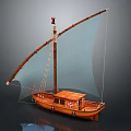 Wooden Sailing Boat With Light Blue Sail Mast And Detailed Wooden Cabin