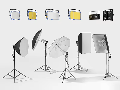 Professional Photography Studio Gear Including Lights Softboxes Reflectors And Tripods Setup 3d model