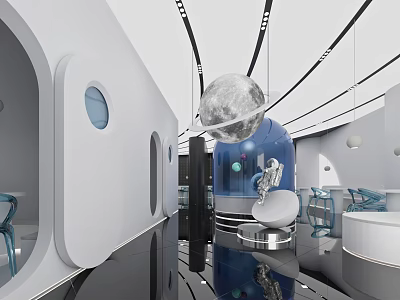 Modern Space Theme Milk Tea Shop Interior With Moon Decor And Astronaut Statue 3d model