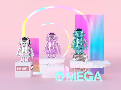 POP MART Colorful Robots Display With Rainbow Arc And Omega Text 3d model