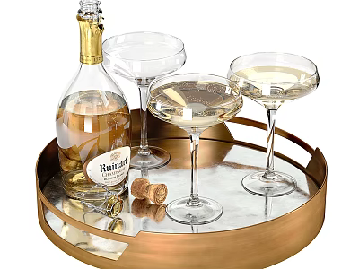 Ruinart Wine Bottle And Glasses On Metallic Tray With Cork 3d model