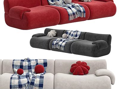 Red Grey Beige Three-Seater Sofa with Plaid Blanket Fuzzy Ball Pillows and Flower Cushion 3d model