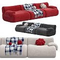 Red Grey Beige Three-Seater Sofa with Plaid Blanket Fuzzy Ball Pillows and Flower Cushion
