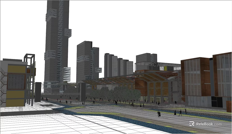 Modern Urban Architecture Scene With High Rise Buildings Plaza And Pedestrians 3d model 