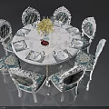 Elegant Round White Dining Table With Six Floral Patterned Chairs And Table Setting 3d model