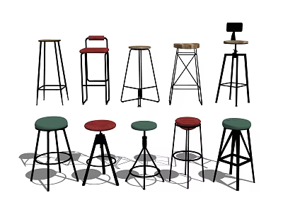 Stylish Bar Stools In Various Designs With Colorful Seats And Metal Frames 3d model