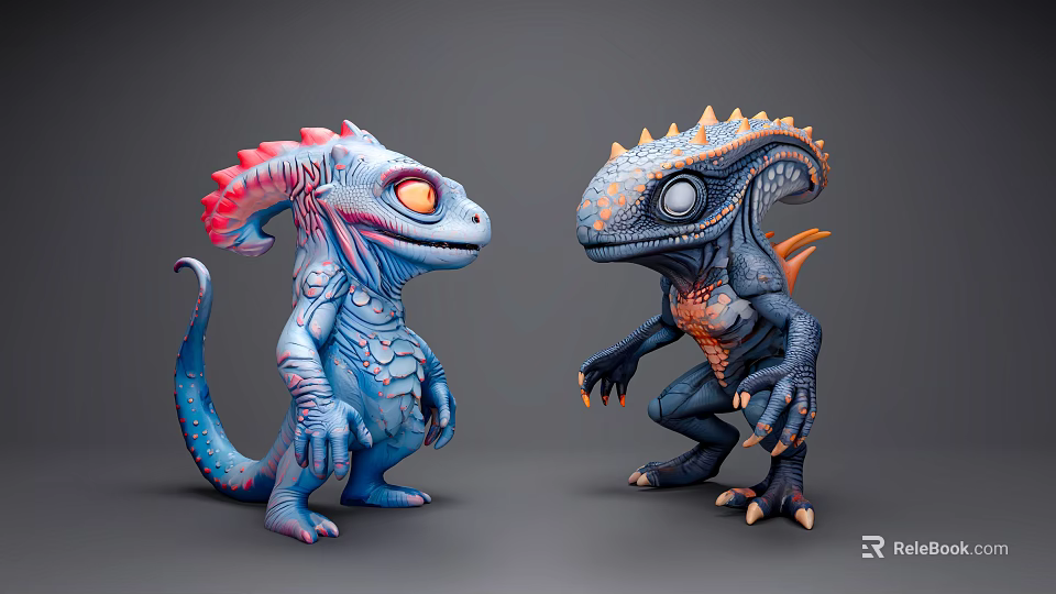 Two Colorful Game Movie Characters Standing Together With Blue Skin Red Spikes And Orange Eyes 3d model 
