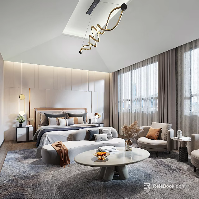 Elegant Modern Bedroom Interior Design With Bed Nightstand Chandelier And Large Window Curtains 3d model 