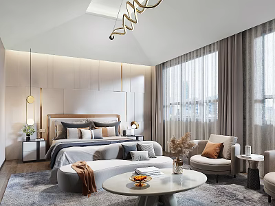 Elegant Modern Bedroom Interior Design With Bed Nightstand Chandelier And Large Window Curtains 3d model