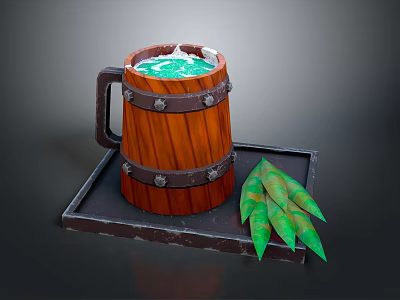 Rustic Wooden Barrel Shaped Mug With Green Liquid On Tray And Green Leaves 3d model