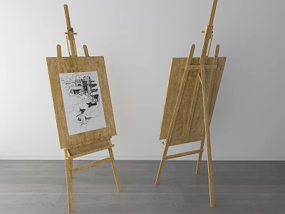 Wooden Art Easels With Canvas And Drawing In Modern Room Setting 3d model