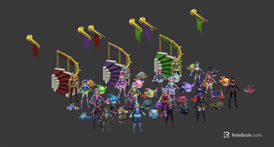 Game And Movie Characters With Decorative Stairs Colorful Banners And Fantasy Outfits 3d model 