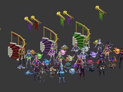 Game And Movie Characters With Decorative Stairs Colorful Banners And Fantasy Outfits 3d model