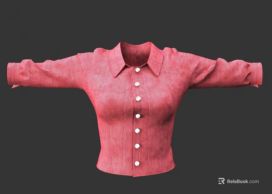Red Collared Long Sleeve Shirt With Buttoned Front And Fitted Design 3d model