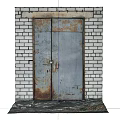 Rusted Weathered Double Doors On White Brick Wall With Ground Weeds