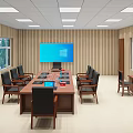Modern Conference Room With Wooden Wall Panels Long Table Laptops And Ceiling Lights