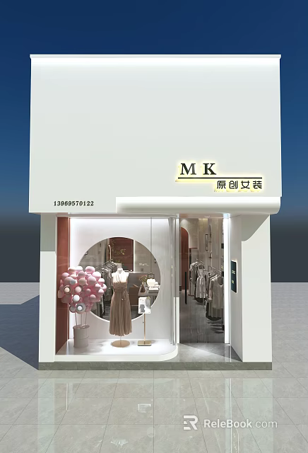 White Storefront with MK Sign Original Women's Clothing Display Window Mannequin Dress and Pink Balloons 3d model 