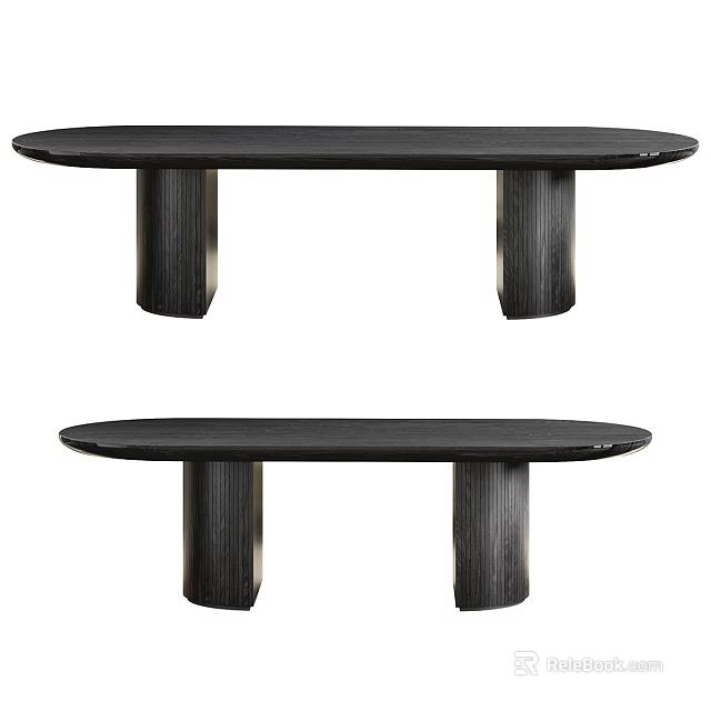 Modern Black Oval Top Dining Table With Double Column Legs And Smooth Wooden Texture 3d model 