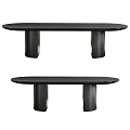 Modern Black Oval Top Dining Table With Double Column Legs And Smooth Wooden Texture