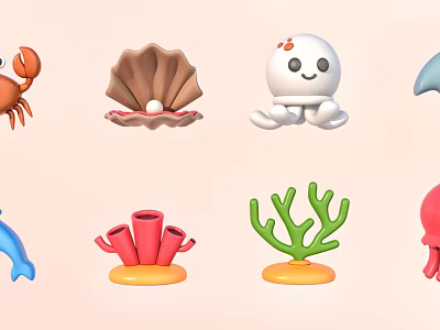 Cute Ocean Themed Stuffed Animal Toys With Crab Octopus And Coral 3d model