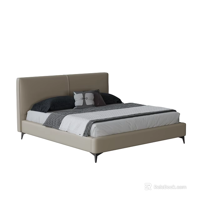 Modern Beige Upholstered Double Bed With Black Legs And Decorative Pillows 3d model