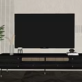 Modern Black TV Stand with Metal Legs Woven Doors and TV Potted Plant Decorative Items
