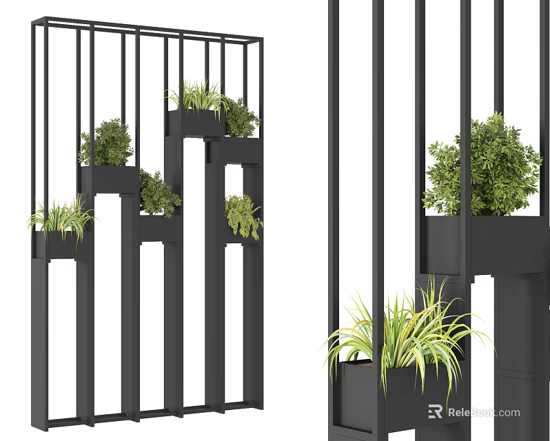 Stylish Black Metal Room Divider With Multiple Planters And Green Plants 3d model 