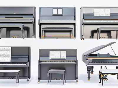 Piano Instruments Collection With Modern Styles Sheet Music And Benches 3d model
