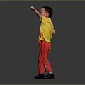 Man in Yellow T-Shirt and Red Pants Smiling While Extending Arm Against Black Background