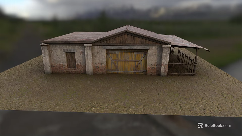 Rustic Country Barn With Stone Brick Walls Wooden Double Doors Metal Roof And Railing Platform 3d model 