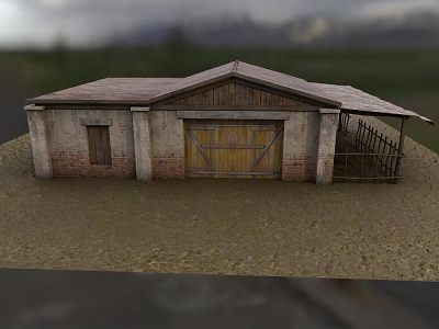 Rustic Country Barn With Stone Brick Walls Wooden Double Doors Metal Roof And Railing Platform 3d model