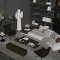 Modern Living Room Sofa and Coffee Table Set with Armchairs Bookshelves and Decorative Plants