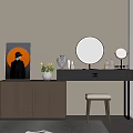 Modern Dressing Table Interior With Round Mirror Stool And Decorative Items 3d model