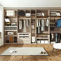 Modern Wooden Wardrobe Interior Design With Hanging Clothes Folded Items And Storage Drawers