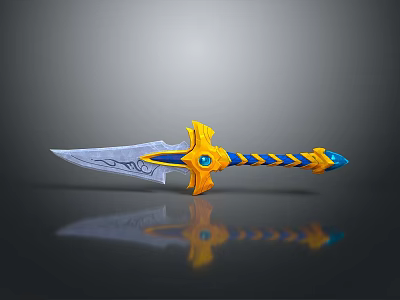 3D Rendered Fantasy Sword With Intricate Blade Blue Yellow Striped Hilt And Ornate Guard 3d model