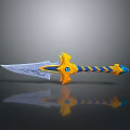 3D Rendered Fantasy Sword With Intricate Blade Blue Yellow Striped Hilt And Ornate Guard
