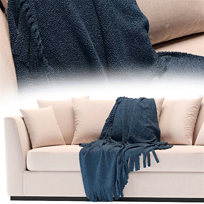 Cozy Beige Sectional Sofa Interior With Blue Throw Blanket And Beige Cushions 3d model
