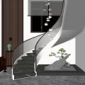 Modern Spiral Staircase With Glass Railing And Marble Floor Interior Design