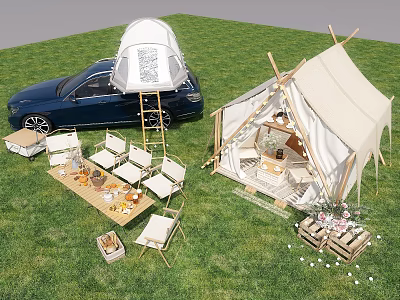 Serene Garden Landscape With Green Grass Camping Tent Wooden Tables Chairs And Blue Car 3d model